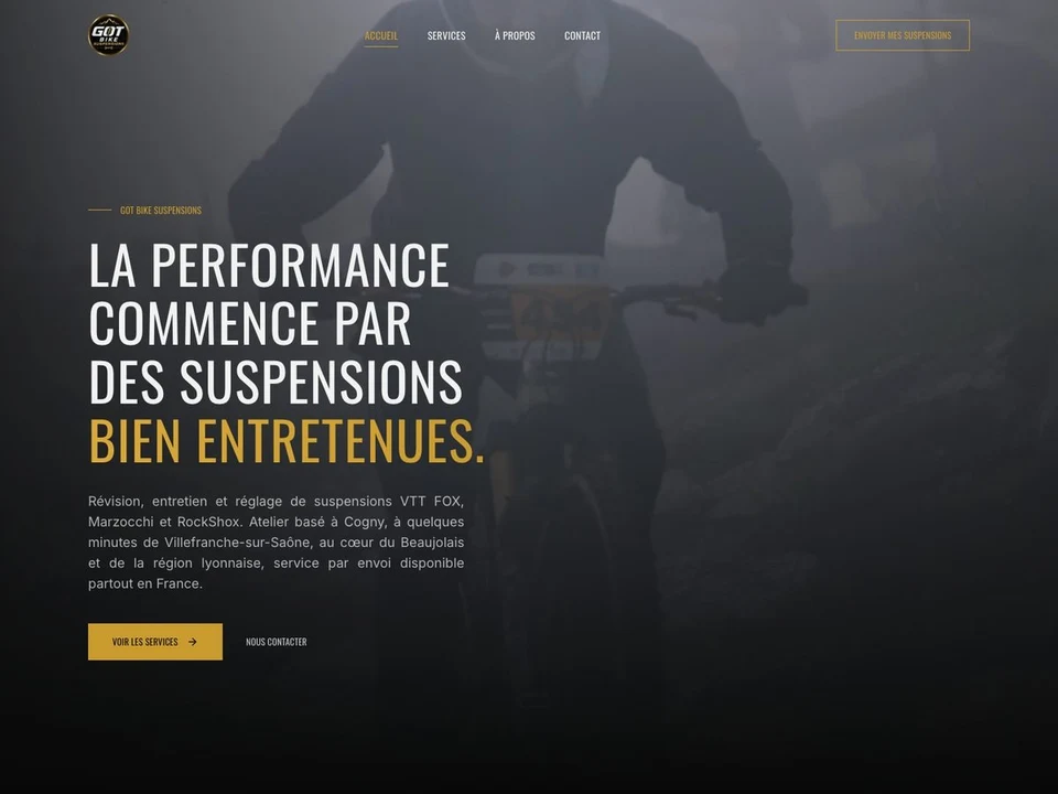 Page d’accueil du site Got Bike Suspensions : un pilote de VTT dans la brume et le titre « La performance commence par des suspensions bien entretenues ».